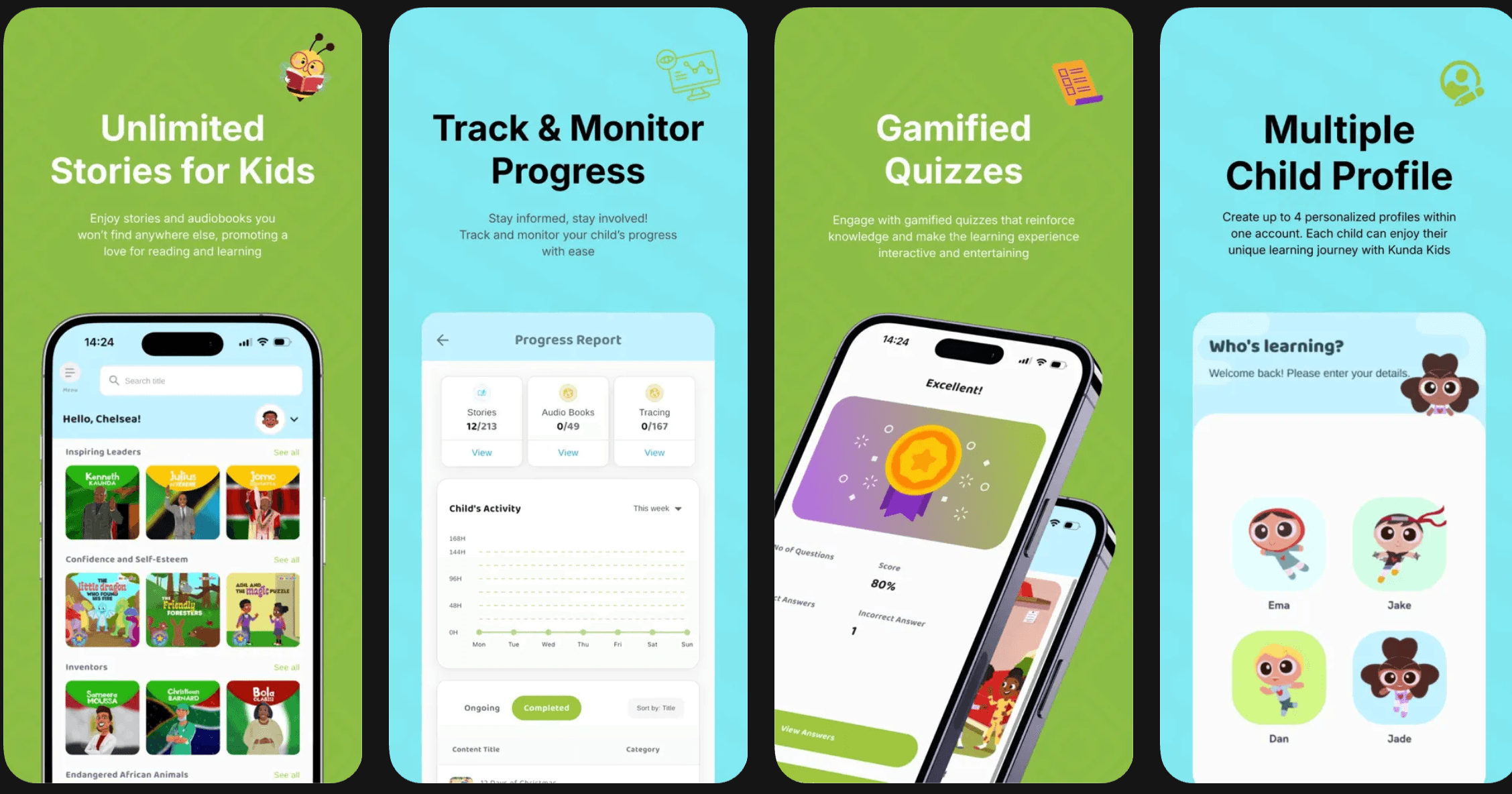Kunda Kids learning app screens